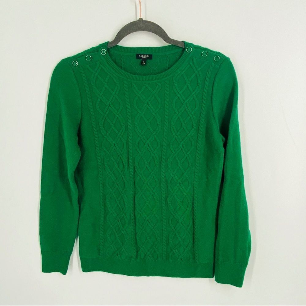 Talbots Green Wool Cable Knit Pullover Sweater - image 1